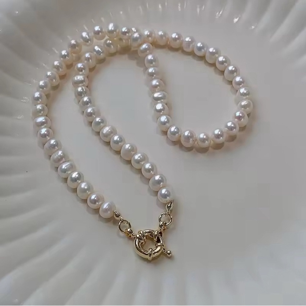 Natural 6-7mm Baroque White Pearl Gemstone Necklace 14K Gold Filled Clasp